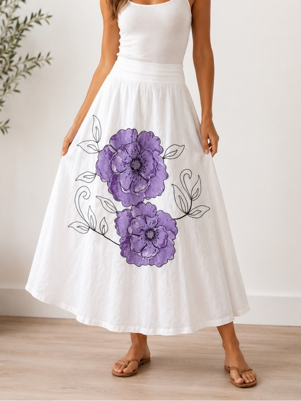 Ann Taylor LOFT White 100% Linen Purple Floral Full Circle Midi Skirt Size 0